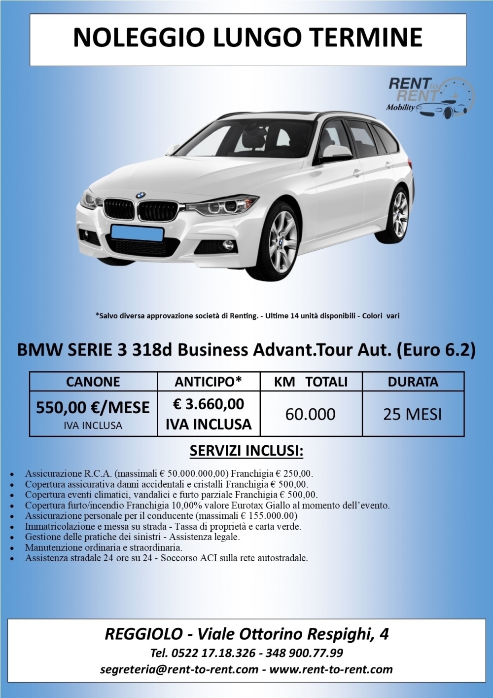 BMW SERIE 318d Touring Business Advantage Automatica € 550,00 mese Iva inclusa - Rent to Rent Mobility